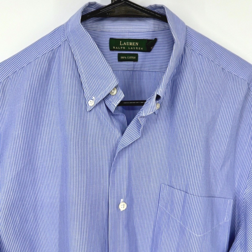 Lauren Ralph‎ Lauren Mens 16 30/35 Blue Striped 100% Cotton Button Down Shirt